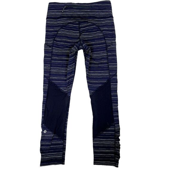 Lululemon Cropped Leggings 4 Black White Print Ruched Mesh Calves Side Pockets - Picture 2 of 9